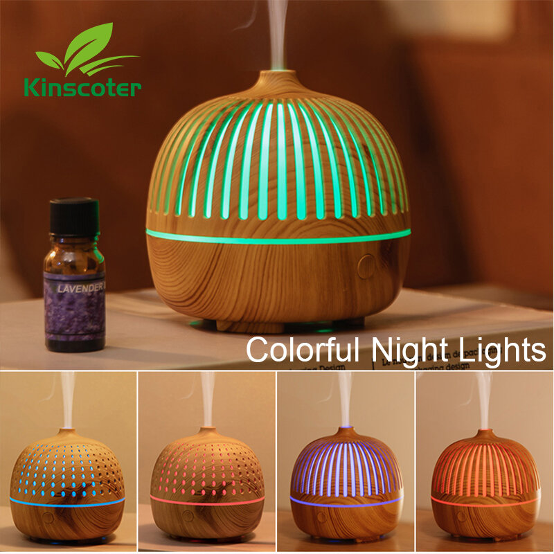 Kinscoter الفاخرة الخشب الحبوب زيت عطري الناشر بالموجات فوق الصوتية الروائح LED ليلة مرطب هوائي USB للمنزل اليوغا