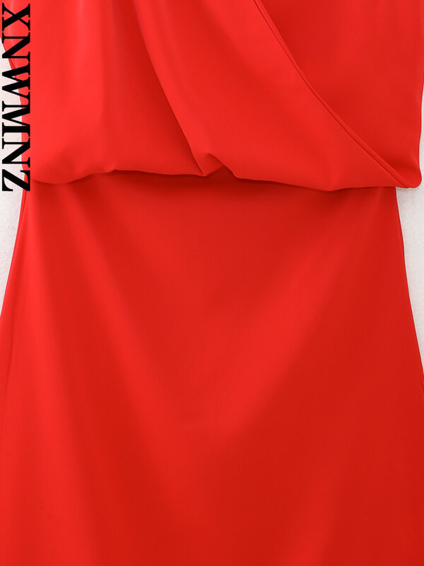 فستان XNWMNZ موضة 2023 للنساء مزين باللون الأحمر فستان ميدي نسائي عتيق بياقة دائرية بدون أكمام بحاشية وظهر منقسم فساتين نسائية أنيقة