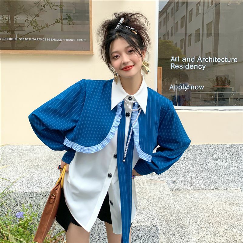 QWEEK المرأة بلوزة Kawaii Harajuku قميص لوليتا نمط وهمية قطعتين أعلى الإناث الأزرق شريط المتضخم طويلة الأكمام أنيقة Kpop