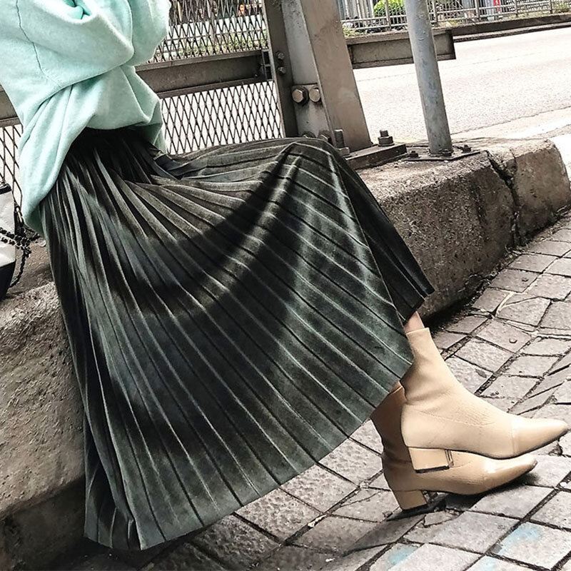 Vintage Velvet Pleated Skirt for Women 2022 Spring New Long High Waist Skirts Korean Fashion A-line Midi Skirt Female