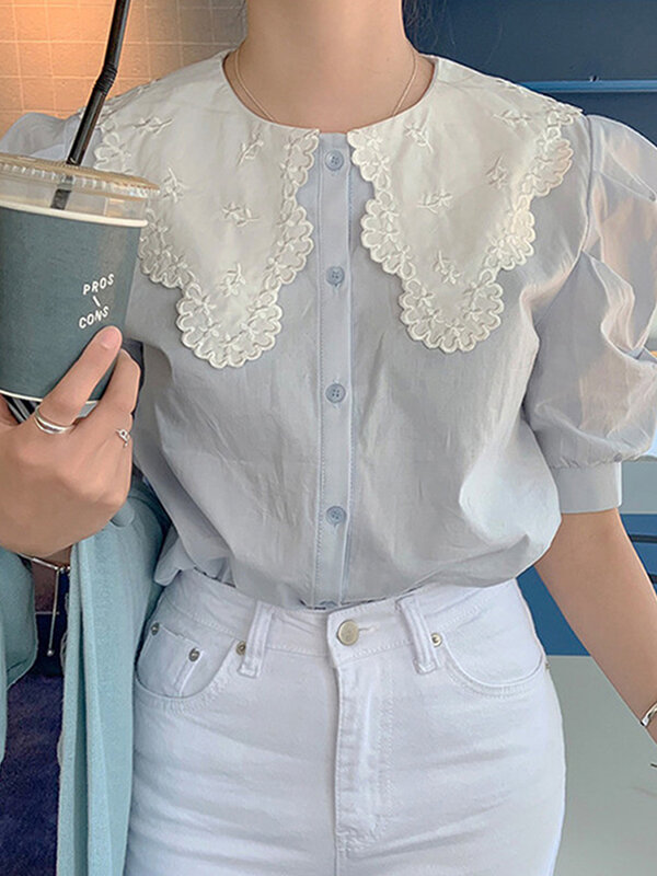 Korean Chic Women Blouse Soft Milk Blue Age-reducing Lace Embroidered Doll Collar Puff Sleeve Shirt Female Fairy Spring Top 2022