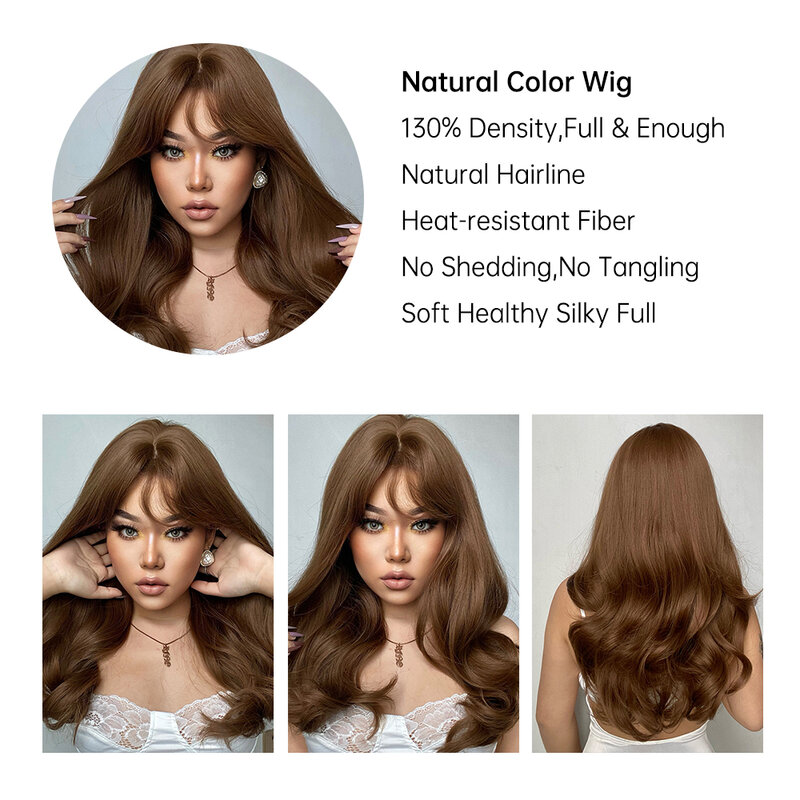 HENRY MARGU Long Honey Brown Synthetic Wigs with Bangs Natural Wave Wigs for Afro Women Heat Resistant Cosplay Party Daily Hair #6