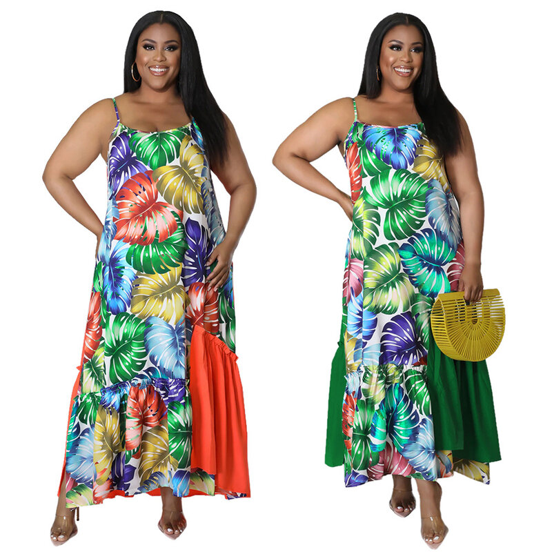 2022 African Print Dresses for Women Summer African Women Patchwork Spaghetti Straps Pleated Dress African Clothes for Women