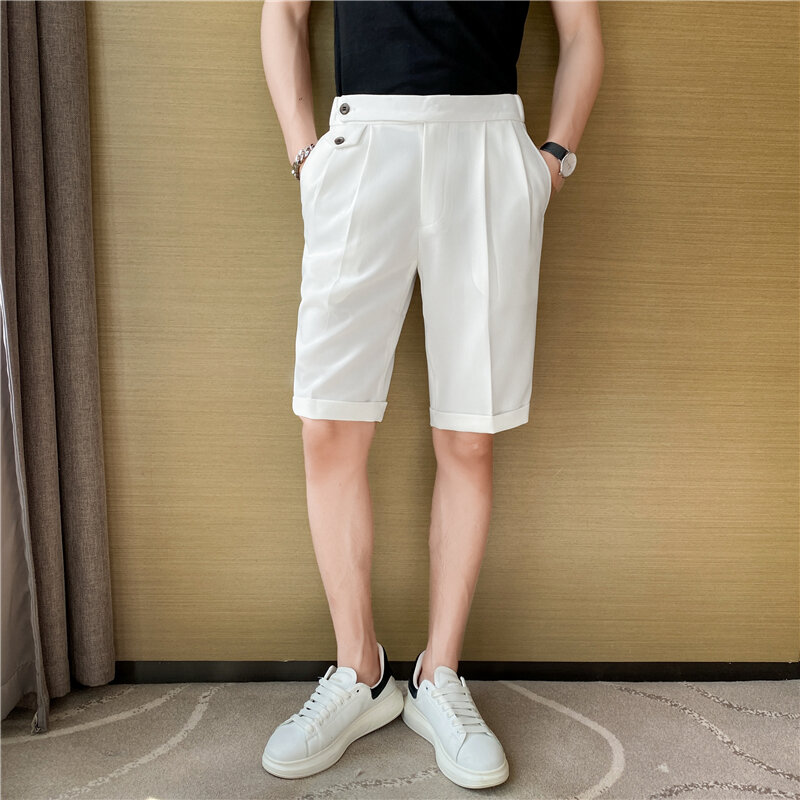 2022 صيف جديد مرونة الخصر الركبة طول الأعمال ملابس رسمية مستقيم السراويل الرجال الملابس بسيطة سليم صالح عادية قصيرة أوم