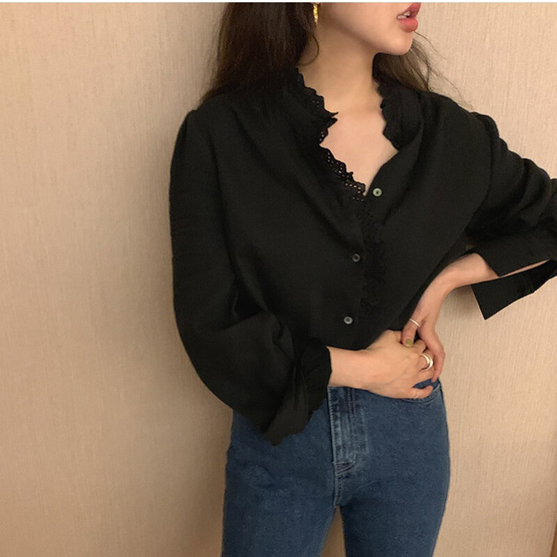 French Lazy Style Solid Black Women Shirt Casual Buttons Up Lace Patchwork Long Sleeve Loose Sexy Temptation Shirt Camisas Mujer