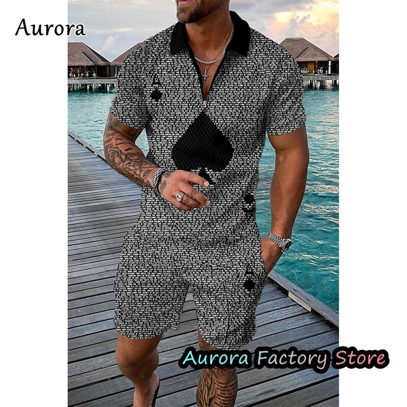 الرجال الصيف قميص بولو مجموعة 2 قطع هاواي رياضية بدلة عمل عادية موضة Trun أسفل طوق سستة الملابس خمر الزي