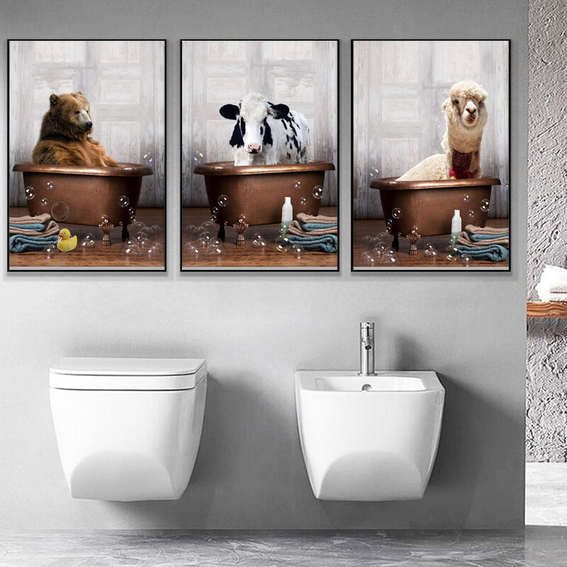 الحيوان قماش اللوحة في الحمام جميل الألبكة الفيل البقرة الزرافة المرحاض الجدار ملصق فني ديكور المنزل جدارية