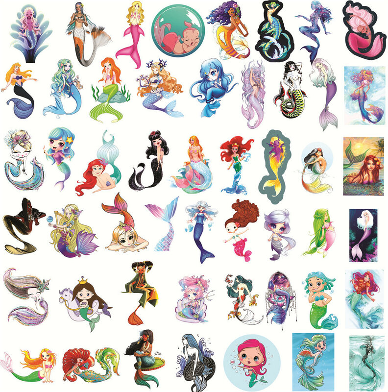 50pcs Little Mermaid Cute Cartoon Children Graffiti Water Cup Hand Account Laptop Waterproof Decorative Sticker