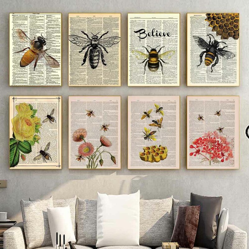 الرجعية الفن الحشرات الطباعة قماش اللوحة كتاب صفحة دبور الجدار ملصق فني مكتب غرفة المعيشة الممر ديكور المنزل جدارية