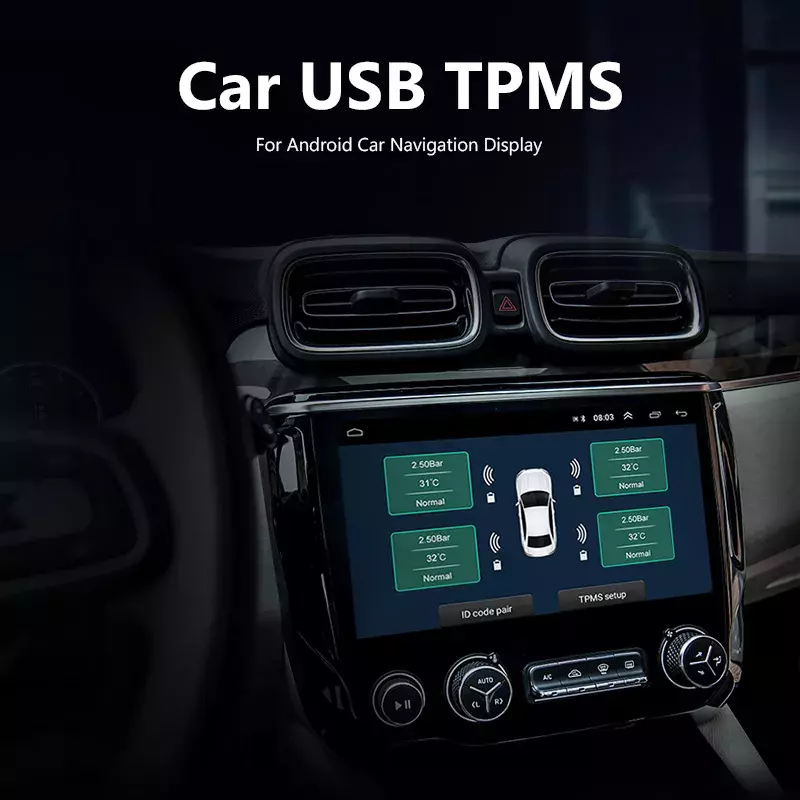 نظام مراقبة منبه ضغط إطارات السيارات TPMS يعمل بنظام أندرويد مزود بمنفذ USB مع أربعة أجهزة استشعار لدرجة الحرارة