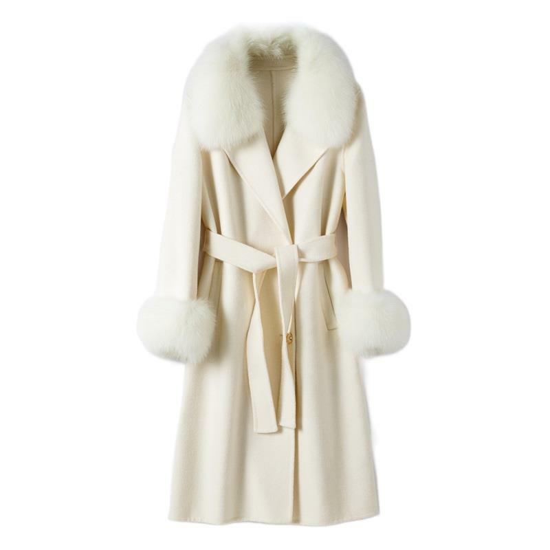 Luxury Real Fur Long Coat Women Winter Natural Fox Fur Collar Jacket Cashmere Wool Blends Warmth Outerwear Ladies Streetwear