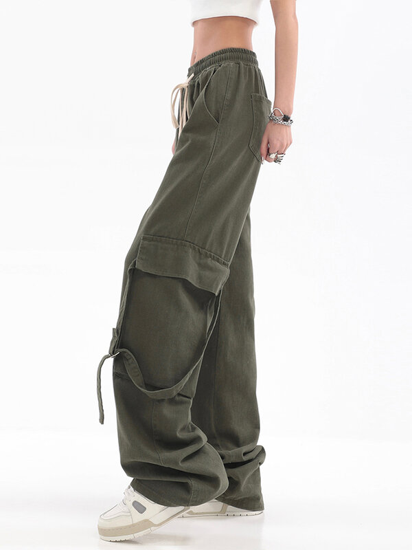 الشارع الشهير السراويل البضائع النساء جيوب كبيرة الحجم الهيب هوب واسعة الساق السراويل الإناث مرونة الخصر Vintage Sweatpants فاسق غير رسمية Y2K