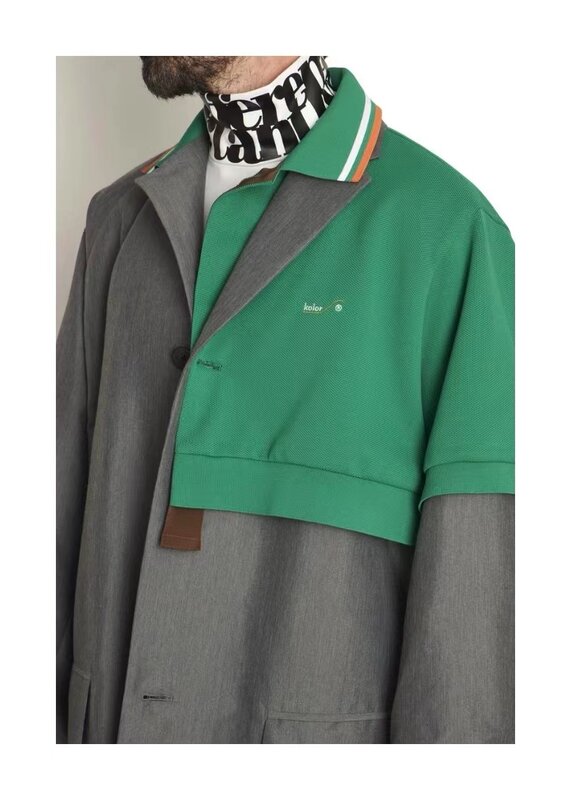 اليابان نمط الأسود والأخضر اثنين قميص بولو ملون التطريز خياطة الرجال سترة واقية سترة واحدة الصدر M-طول معطف فضفاض #5
