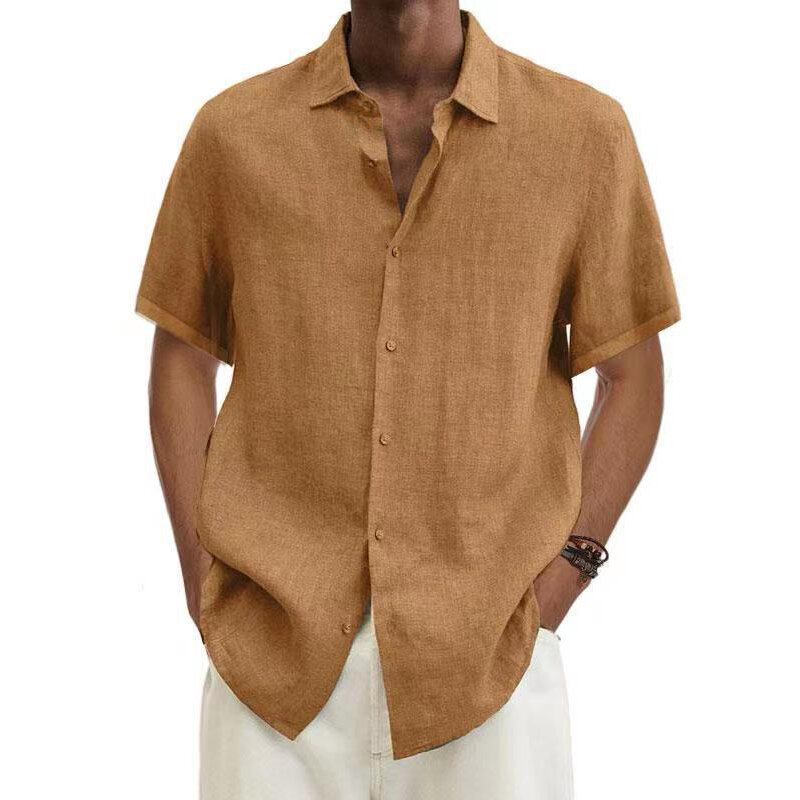 الرجال قصيرة الأكمام القطن الكتان قمصان الصيف بلون بدوره إلى أسفل طوق الشاطئ نمط رداء علوي غير رسمي حجم كبير