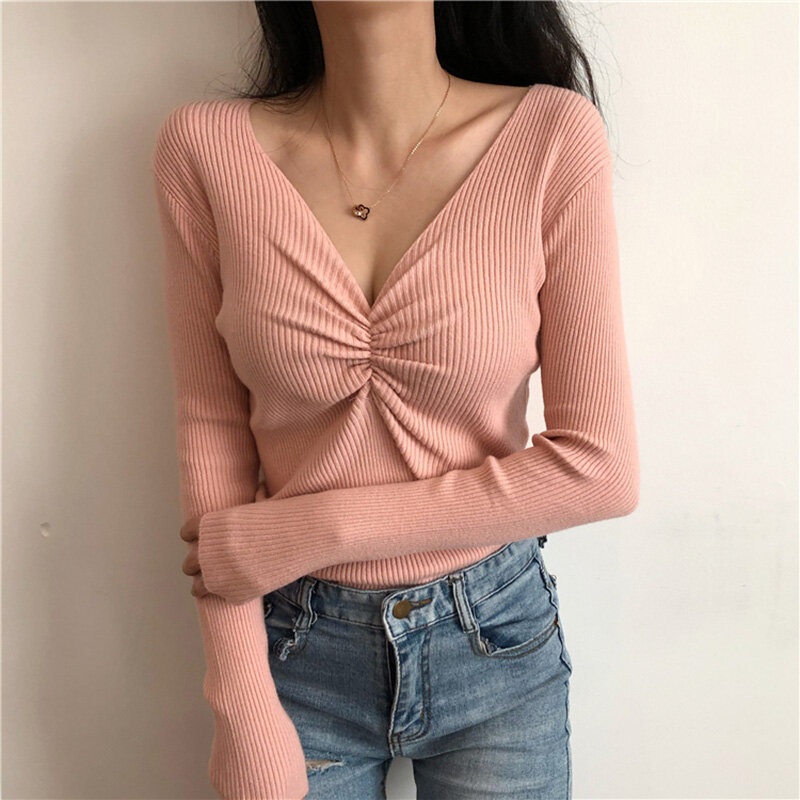 new Women 2022 Autumn Sweater Women V-Neck Pleated Chest Sweaters Knitted Pullovers Long Sleeve V-neck Sweater For Women #5