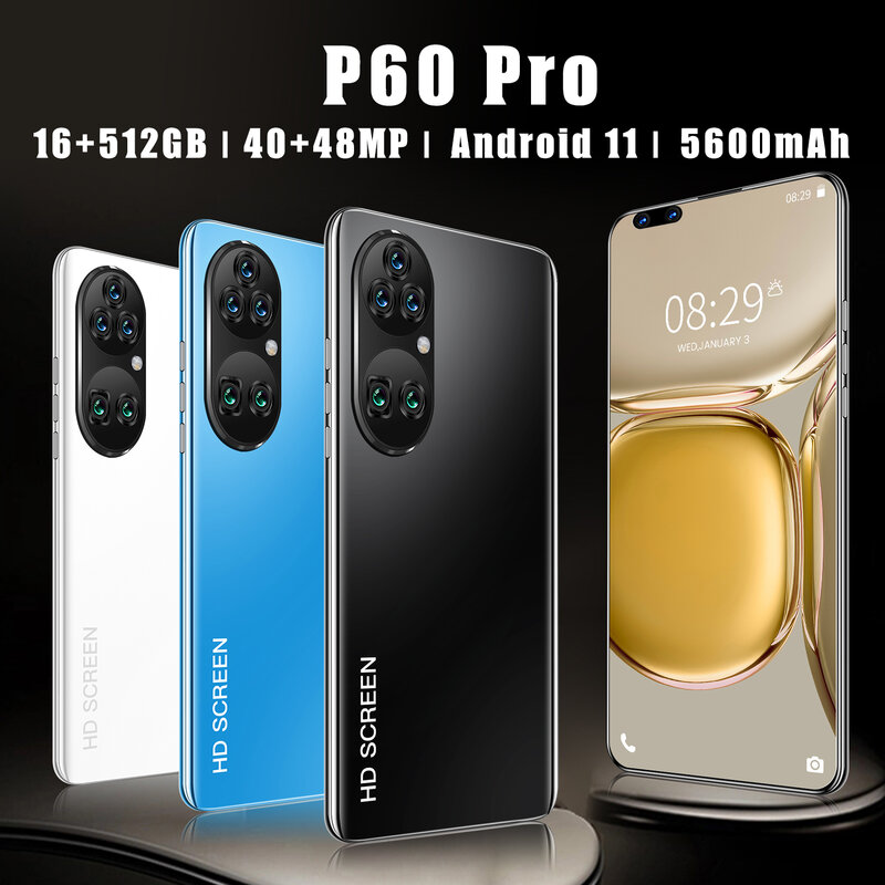 الإصدار العالمي P60 PRO شاشة 7.8 بوصة قطرة الماء أندرويد 11.0 الهاتف الذكي 16GB RAM 512GB ROM 40MP + 48MP 5600mAh المزدوج سيم 5G الهاتف