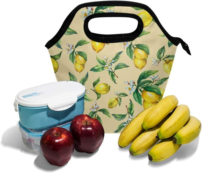 الليمون الفاكهة مع الأوراق الخضراء والزهور أكياس الغداء مبرد معزول علب الاغذية حقيبة يد حقيبة الغذاء