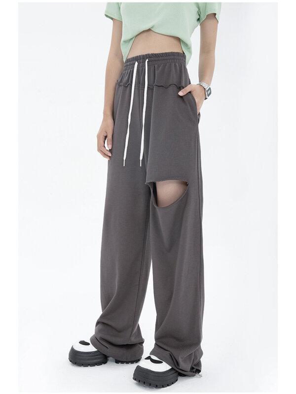 رمادي داكن ثقب الرباط Sweatpants المرأة الربيع الصيف تصميم جديد فضفاض عادية عالية الخصر مستقيم بنطال ذو قصة أرجل واسعة الإناث