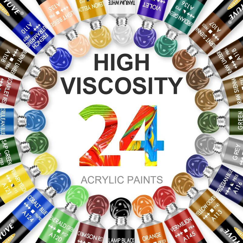 Locsyuve الاكريليك الطلاء 24 ألوان 22 مللي أنبوب مجموعة ألوان الطلاء الإكريليكية مع فرشاة و لوحة الطلاء لطلاء أصباغ غنية للفنانين