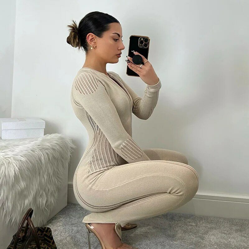 Autumn Winter Sexy Tight Jumpsuit Women 2022 Fashion Hollow Out Striped Knitted Long Sleeved One-pieces Sexy Club Party Outfits