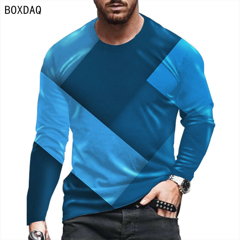 Men T-Shirt Long Sleeve Casual Loose Tops Element Rhombus 3D Print Tshirt Oversized 6XL Fashion Street Male Cotton TShirt 2022
