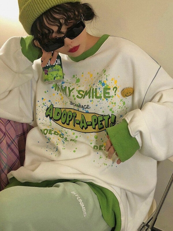 ديبتاون الكورية موضة كبيرة الحجم الأخضر هوديي المرأة Kawaii Preppy نمط طباعة البلوز بلوفر بياقة واسعة 20s الجمالية الفتيات