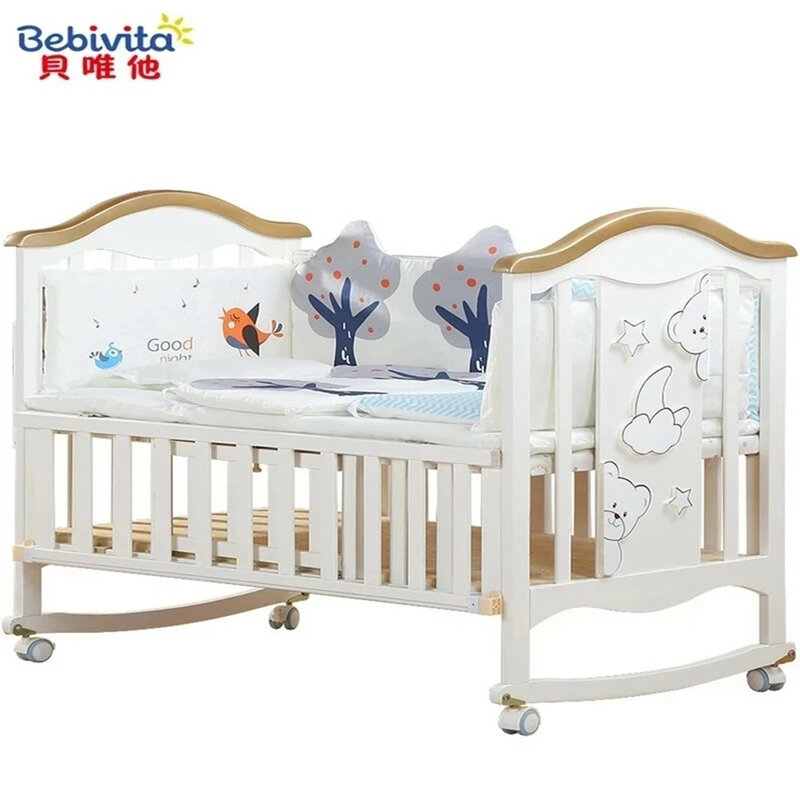 0-6 سنوات سرير بيبي خشب متين أوروبي متعدد الوظائف سرير الطفل الأبيض مهد السرير حديثي الولادة خياطة السرير مع الفراش الرسوم المتحركة