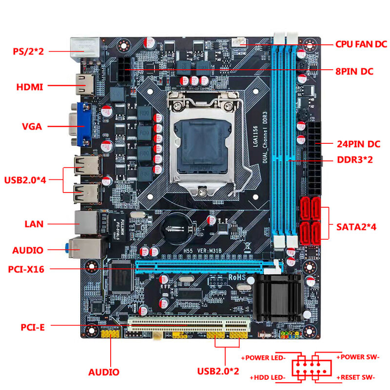 ل LGA 1156/i3/i5/i7 كمبيوتر مكتبي H55 اللوحة SATA USB2.0 DDR3 طقم اللوحة مع يربك HDMI متوافق الألعاب