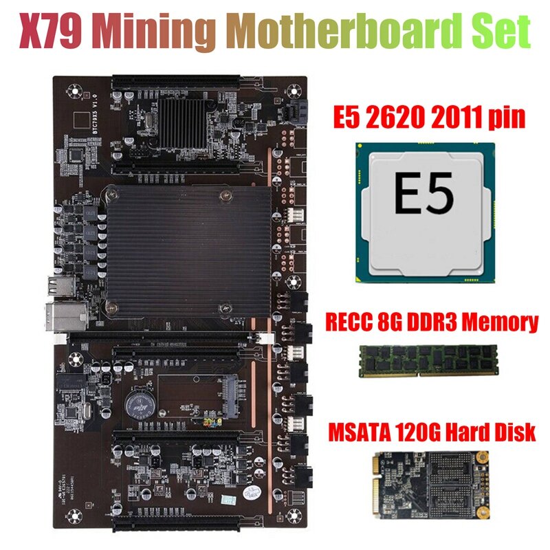 HOT-X79 H61 BTC التعدين اللوحة مع E5-2620 2011 وحدة المعالجة المركزية + RECC 8G DDR3 الذاكرة + 120G SSD دعم 3060 3080 بطاقة جرافيكس