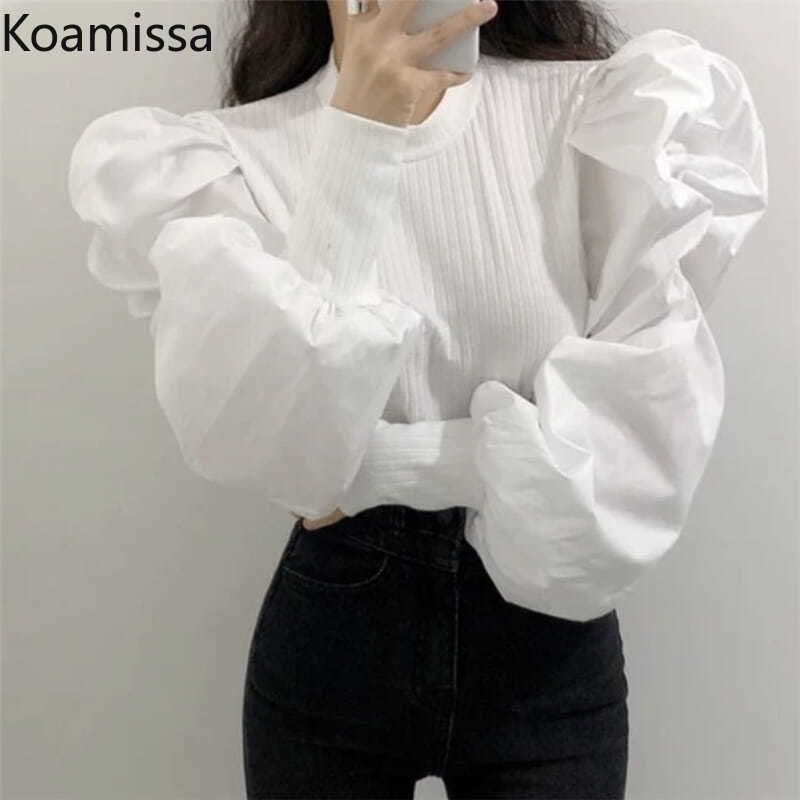 Koamisa ربيع الخريف المرأة سحب بلوزة بأكمام طويلة س الرقبة سيدة الصلبة موضة نفخة كم الكورية قميص 2022 ضئيلة أبلى قميص