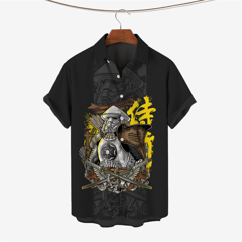 قميص رجالي موضة 2023 مطبوع عليه الساموراي قميص رجالي هاواي بأكمام قصيرة يسمح بالتهوية قميص كبير فضفاض ملابس غير رسمية يومية