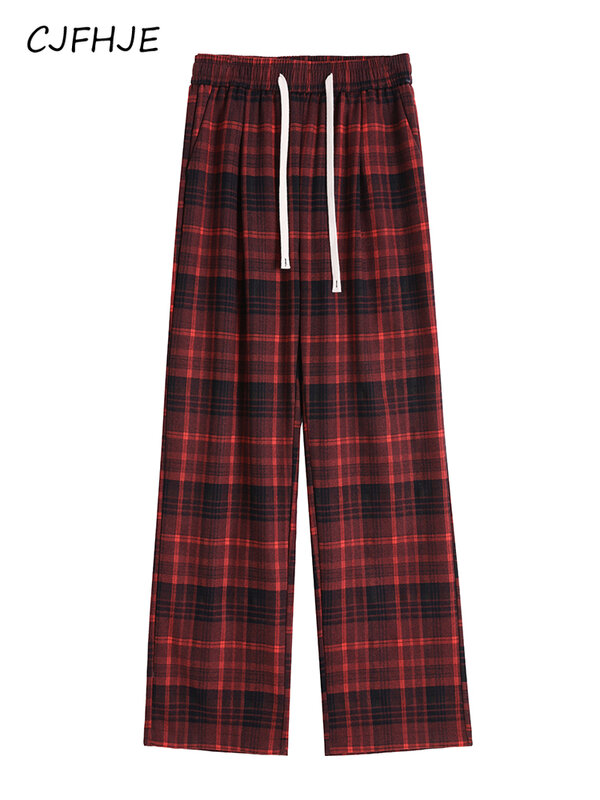 CJFHJE-سروال منقوش أحمر قديم للنساء ، موضة كورية ، خصر مرتفع غير رسمي ، خصر مرن ، بنطلون واسع الساق ، بنطال بجيوب جديدة ، ملابس شارع #6