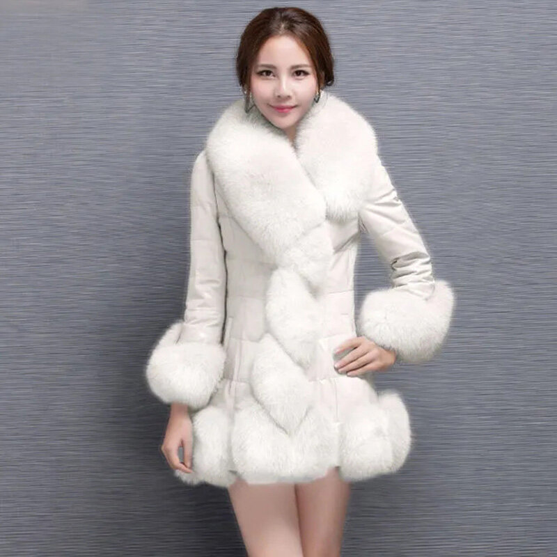 PU Leather Jacket Women 2022 Winter New Korean Slim Imitation Fox Fur Collar Leather Coat Female Large Size Thick Warm Parkas #2