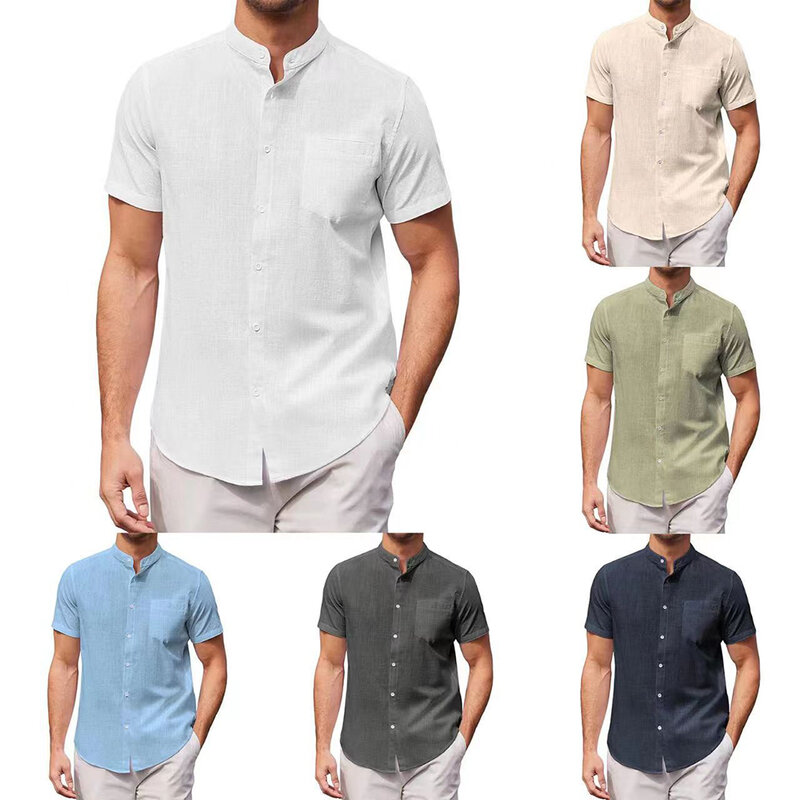 قميص رجالي مصنوع من القطن والكتان بلون واحد وبأكمام قصيرة موضة صيف 2023 غير رسمية بقصة ضيقة ياقة ثابتة ملابس رجالية