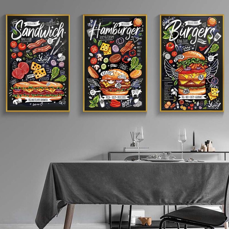 Graffiti art delicious food canvas painting sandwich pizza hamburger kitchen wall art poster dining room home decoration mural