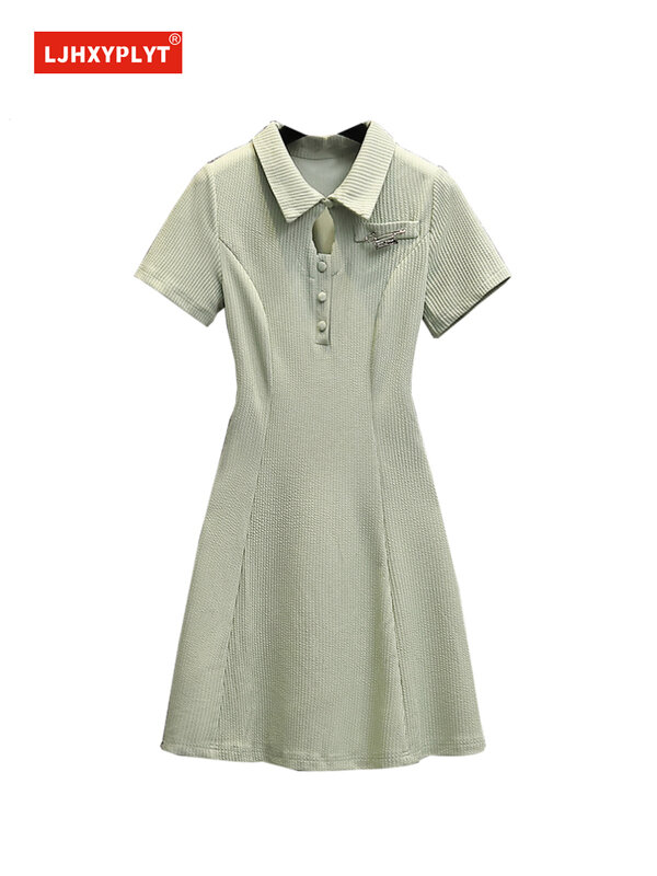 بولو طوق الأخضر قصيرة الأكمام كلية نمط فستان صيف جديد ريترو تصميم بسيط الخصر الأسود تنورة قصيرة الإناث