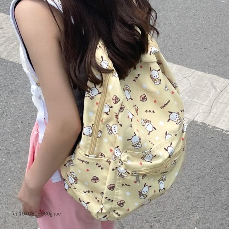 Sanrio Pochacco الكرتون موضة سعة كبيرة على ظهره Y2k فتاة حقيبة مدرسية الكورية نمط حقائب السفر غير رسمية المرأة حقيبة الكتف