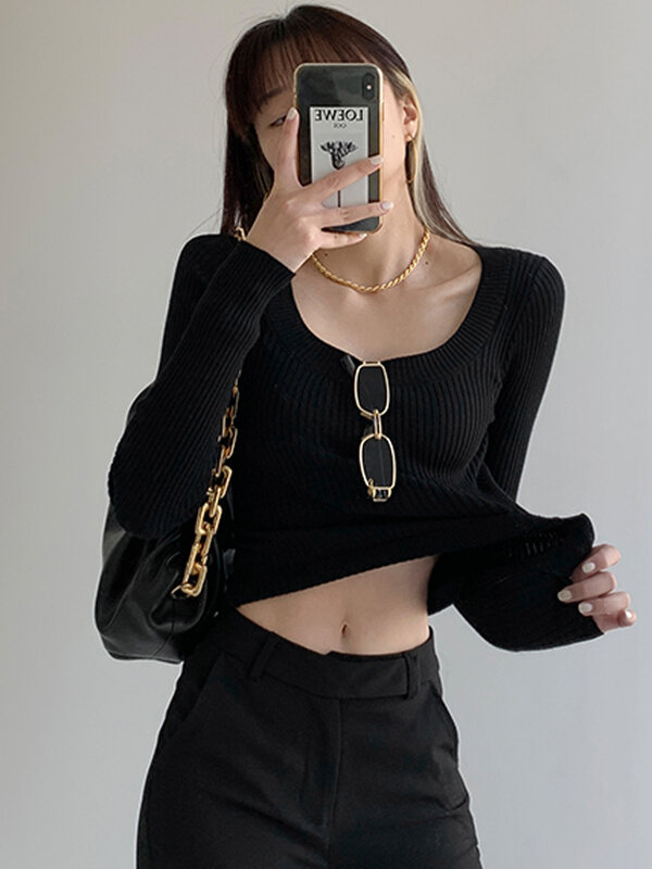 2022 Autumn Winter Women's Y2k T-Shirts Knitted Bottomed Shirt  Slim Sweater Korean Fashion Solid Color Long Sleeve Top Clothes