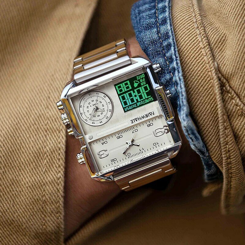 مارك فيرويل ساعة للرجال ماركة فاخرة مقاوم للماء ساعة رجالية كوارتز أنالوج ساعة رقمية ساعة مربعة تصميم الثالوث
