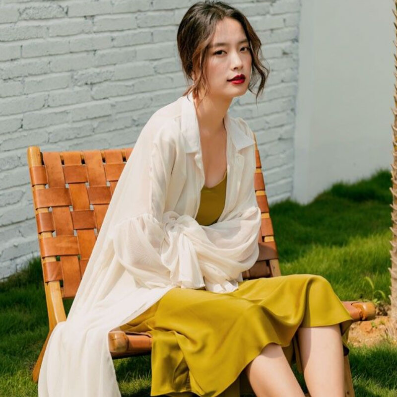 Mid-length Shirts Women Simple Pure Flare Sleeve Breathable Vacation All-match Sun-proof Summer Elegant Chic Korean Style Female