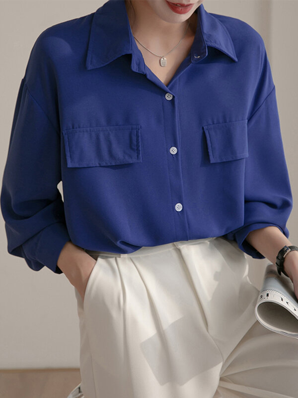 QOERLIN بلوزة زرقاء النساء 2023 بدوره إلى أسفل طوق كم طويل فضفاض بلايز عادية قمصان أنيقة مكتب السيدات قمصان بلوزة شيفون #2