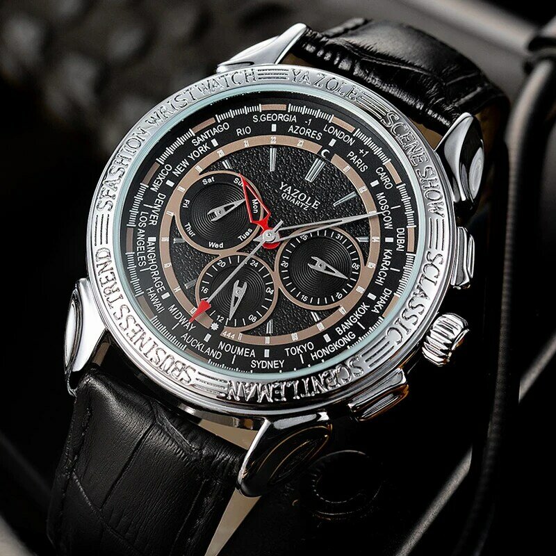 YAZOLE Men's Watch Waterproof Date Retro Quartz Wristwatch Mens Fashion Leather Strap Luxury Watch