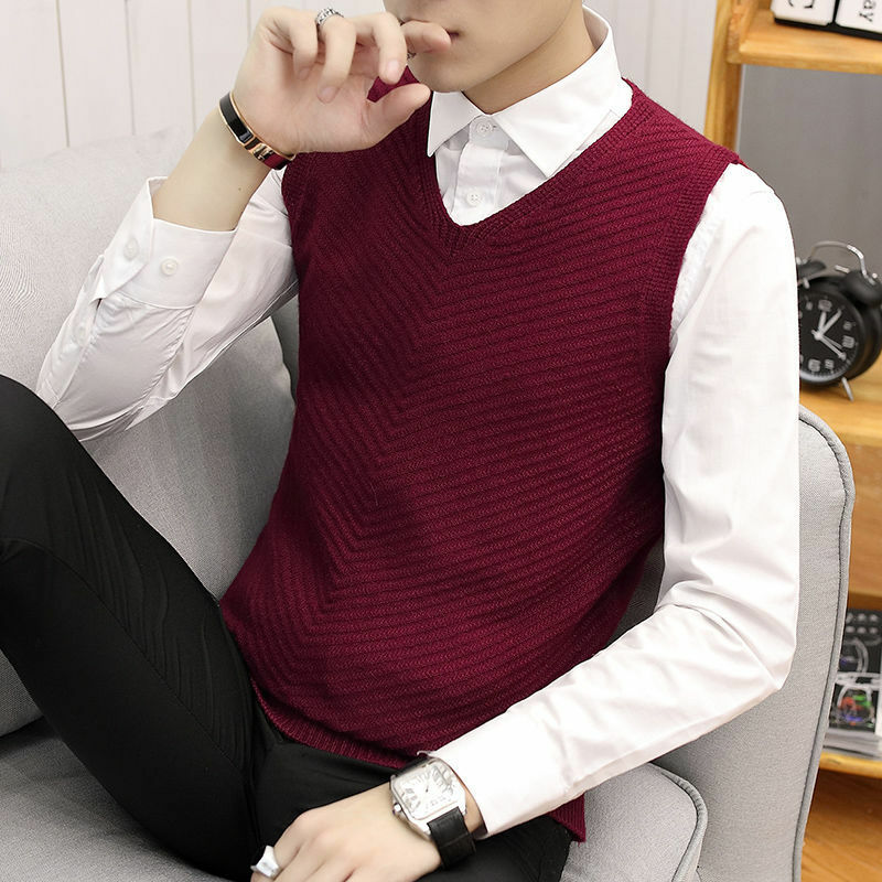 2022 New Men Sweater Vest Korean V Neck Business Casual Fitted Waistcoat Solid Color Sleeveless Knitted Vest Top Male Brand C73