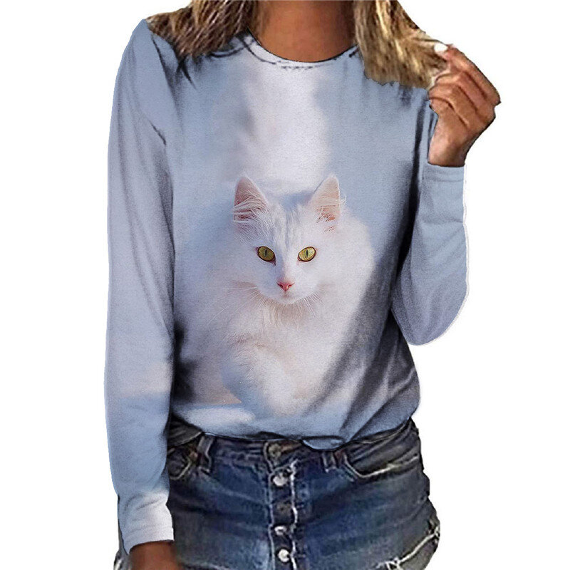 قمصان أنيقة القط طباعة السيدات بلايز عادية الربيع رقيقة فضفاضة مستديرة الرقبة الشارع قمصان جديد الحيوان طباعة Kawaii الفتيات القمصان