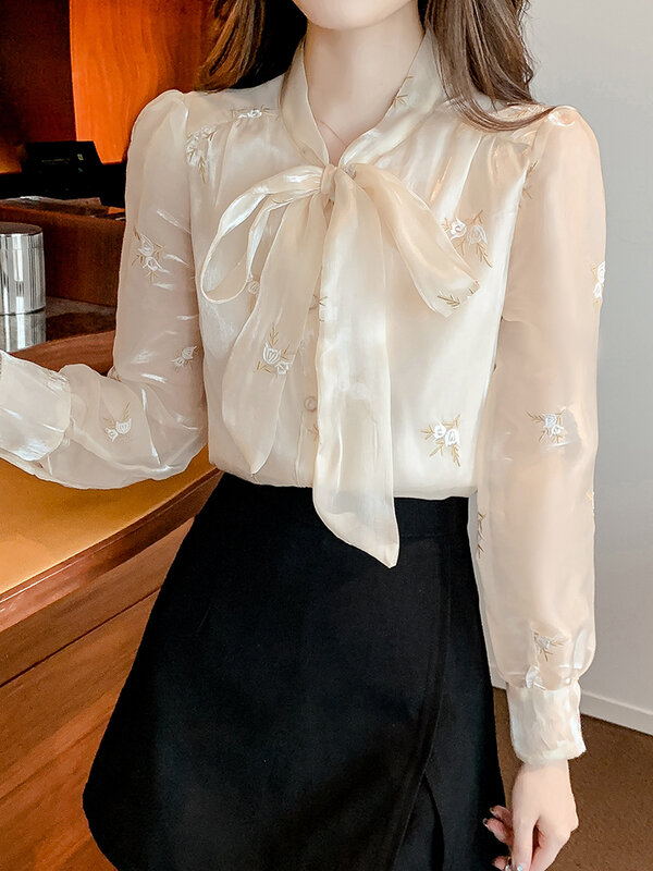 QOERLIN جديد مطرزة الأزهار بلوزة مع بطانة النساء قمصان القوس العلوي الكورية موضة أنيقة فاخرة بلايز المشمش مكتب السيدات #3
