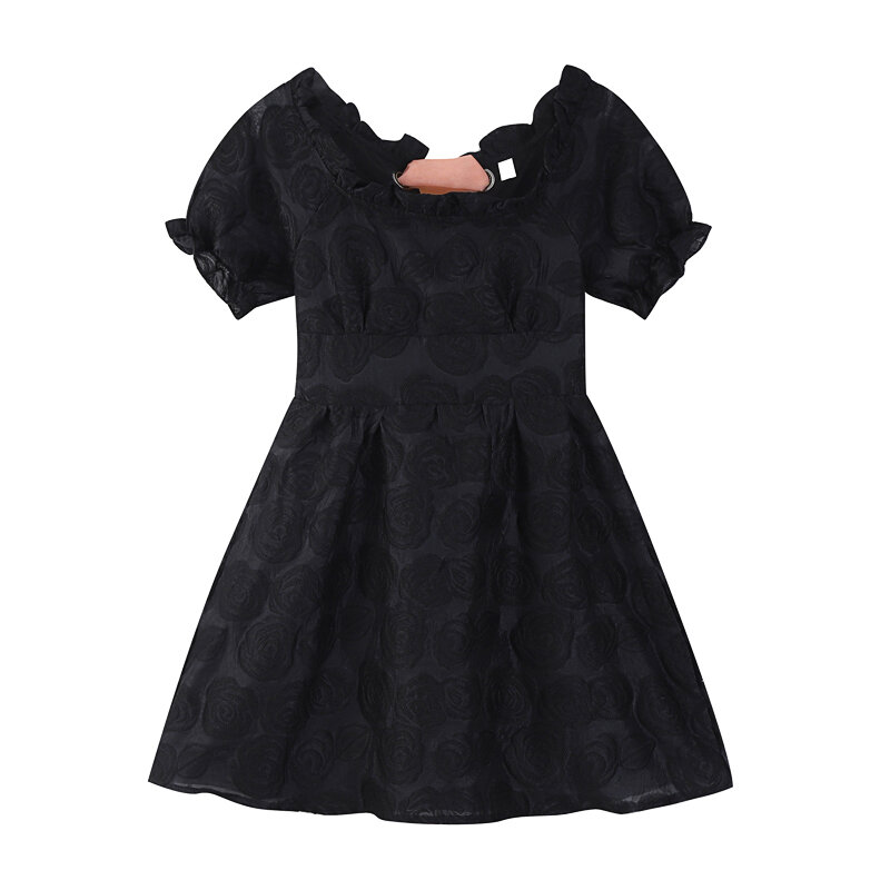 المرأة السوداء فستان مربع الرقبة القوس جلد نفخة قصيرة الأكمام عادية موضة خمر عالية الخصر فضفاض تنورة قصيرة السيدات الصيف