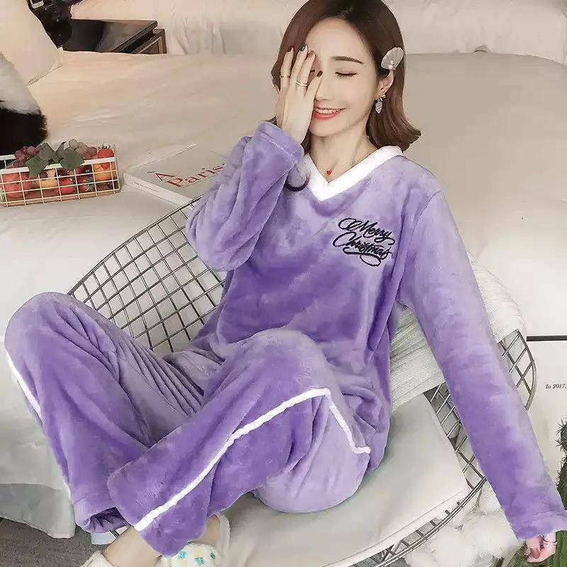Winter warm thick flannel pajamas suit sweet beauty long-sleeved cartoon printing casual home wear pajamas top + pants plus size