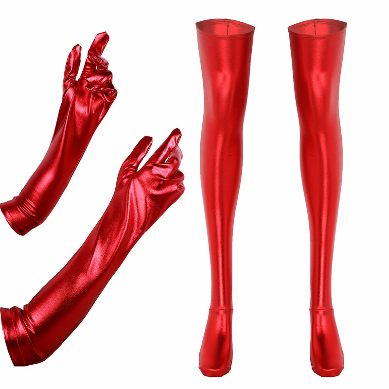 Sexy Shiny Leather Seamless Long Gloves Wetlook Thigh High Stockings Nightclub Dancing Party