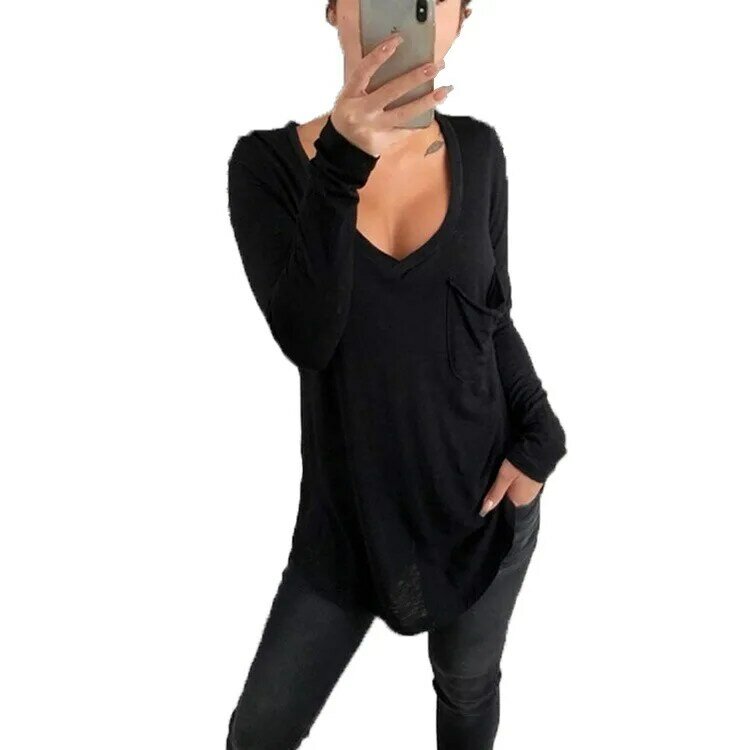 المرأة طويلة الأكمام تي شيرت المعتاد تي شيرت الخامس الرقبة تي شيرت مع حجم كبير ملابس النساء فضفاضة بلايز عادية مع جيب قميص