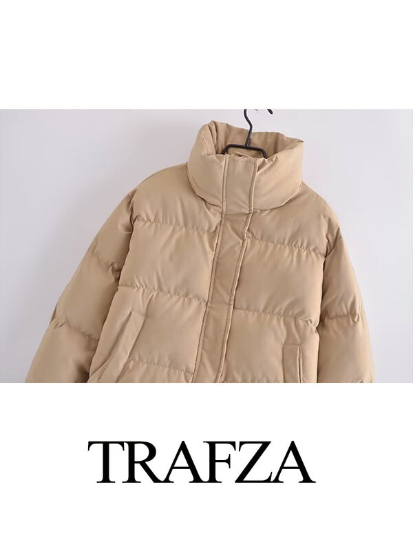 TRAF-ملابس خارجية نسائية بأكمام طويلة بسحاب ، معطف نسائي أنيق من القطن ، عتيق ، أحادي اللون ، زينة برباط ، ZA ، 2023